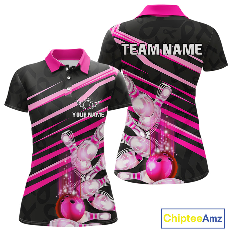 Pink and Black ribbon pattern Women Bowling Shirts Custom breast cancer awareness Team Bowling Jersey NQS10116
