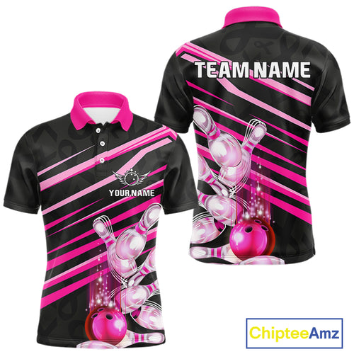 Pink and Black ribbon pattern Men Bowling Shirts Custom breast cancer awareness Team Bowling Jersey NQS10116