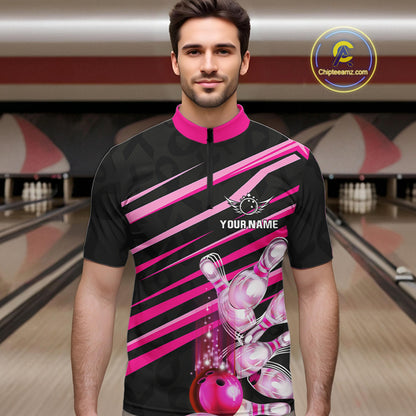 Pink and Black ribbon pattern Men Bowling Shirts Custom breast cancer awareness Team Bowling Jersey NQS10116