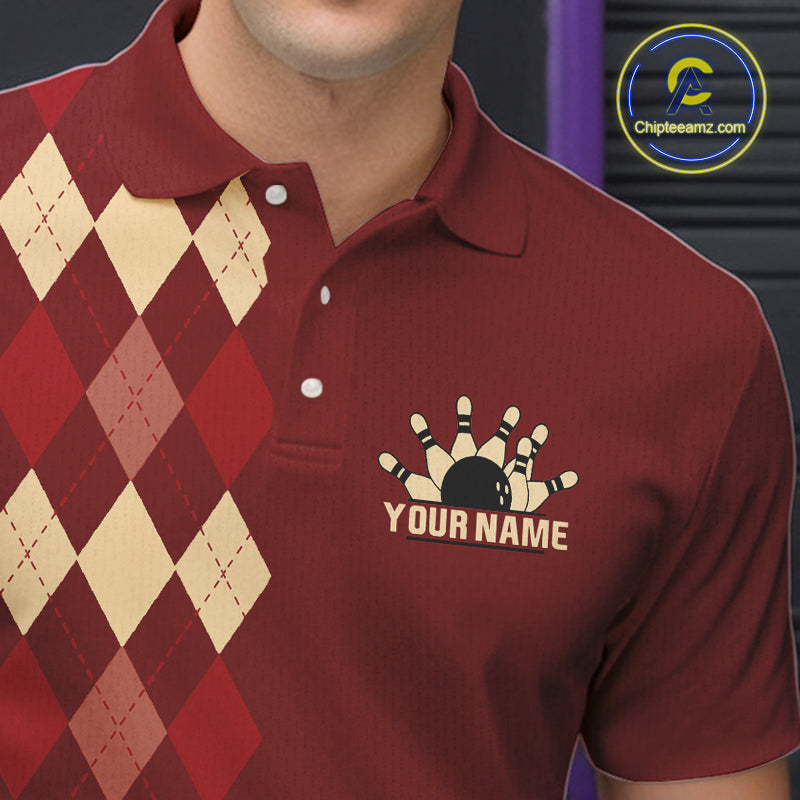 Red argyle pattern Bowling polo, 1/4 zip shirt for Men custom vintage bowling shirt, gift for bowlers NQS10255
