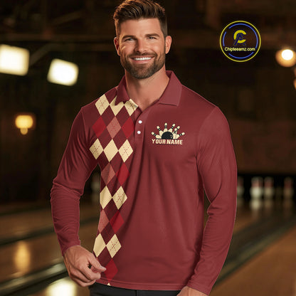 Red argyle pattern Bowling polo, 1/4 zip shirt for Men custom vintage bowling shirt, gift for bowlers NQS10255