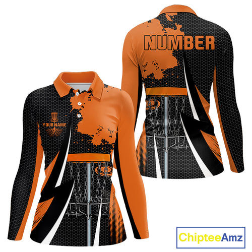 Women disc golf polo shirt custom team disc golf jersey, unique disc golf gift | Orange NQS10257
