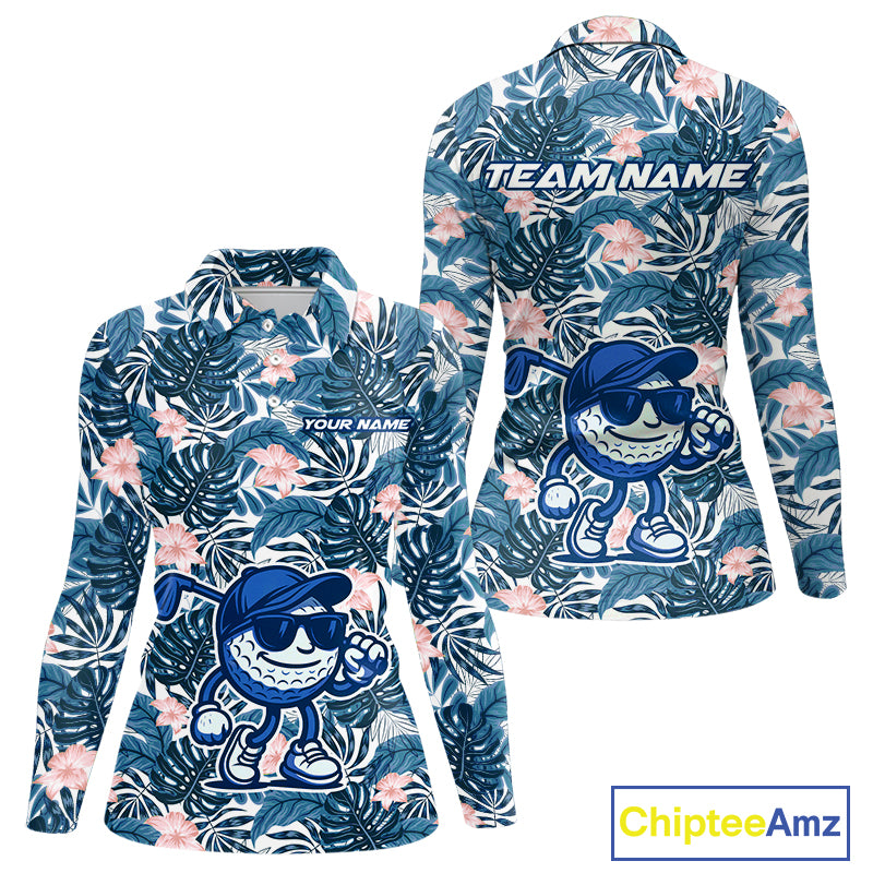 Blue tropical leaf pattern pink flower funny Golf polo shirts for Women Custom ladies golf outfits NQS10119