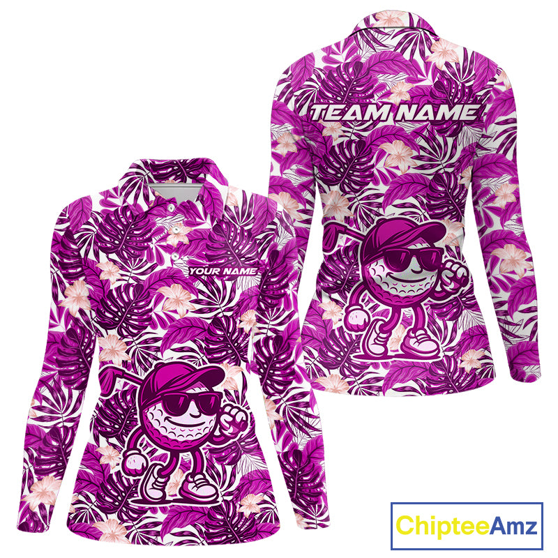 Pink tropical flower leaf pattern funny Golf polo shirts for Women Custom ladies golf outfits NQS10120