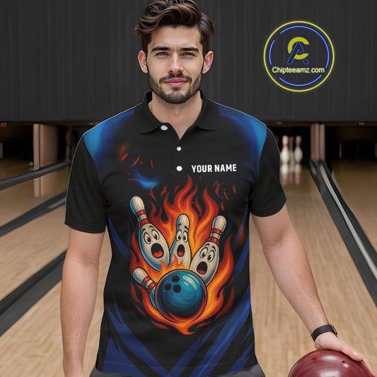 Blue and Black Flame Bowling shirts for Men custom funny bowling ball and pins team bowler jerseys NQS10260