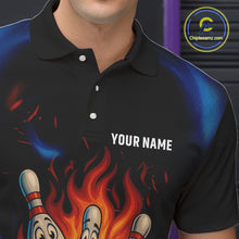 Load image into Gallery viewer, Blue and Black Flame Bowling shirts for Men custom funny bowling ball and pins team bowler jerseys NQS10260