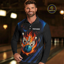 Load image into Gallery viewer, Blue and Black Flame Bowling shirts for Men custom funny bowling ball and pins team bowler jerseys NQS10260