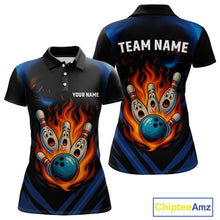 Load image into Gallery viewer, Blue and Black Flame Bowling shirts for Women custom funny bowling ball and pins team bowler jerseys NQS10260