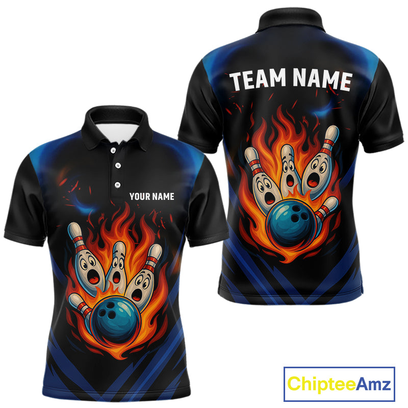 Blue and Black Flame Bowling shirts for Men custom funny bowling ball and pins team bowler jerseys NQS10260