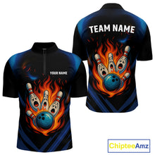 Load image into Gallery viewer, Blue and Black Flame Bowling shirts for Men custom funny bowling ball and pins team bowler jerseys NQS10260