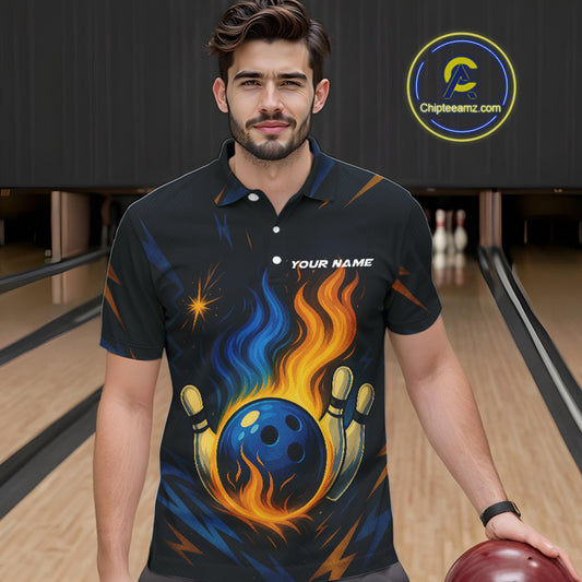Blue and Yellow Flame Bowling shirts for Men custom bowling team jerseys for mens bowler NQS10262