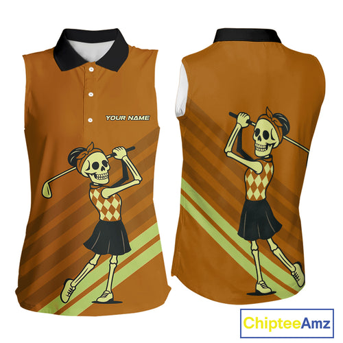 Funny argyle pattern Skull Sleeveless Polo Shirt Custom ladies golf attire, cool golf gift | Orange NQS10656