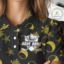 Load image into Gallery viewer, Black and Gold golf pattern Women golf polo shirts Custom best ladies golf wear, golfing gifts NQS10130