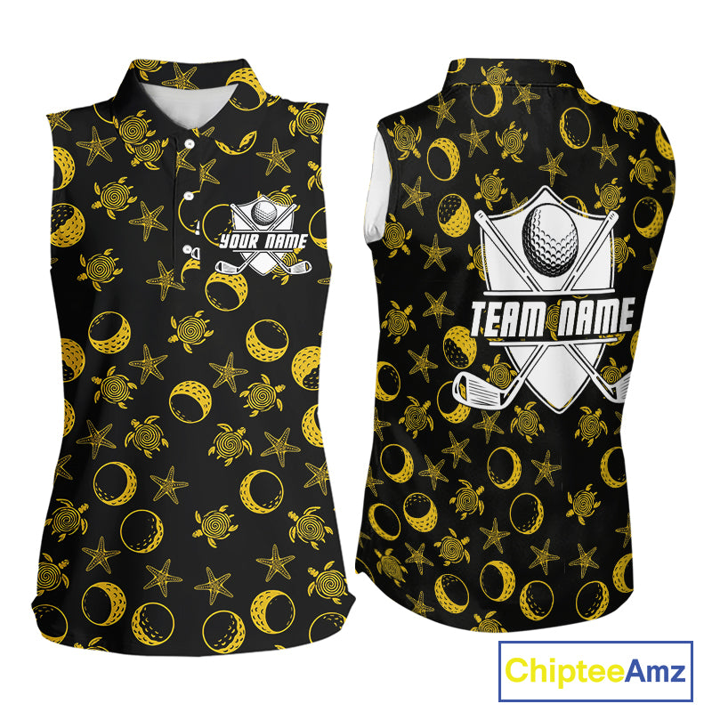 Black and Gold golf pattern Women sleeveless polo shirt Custom best ladies golf wear, golf gifts NQS10130
