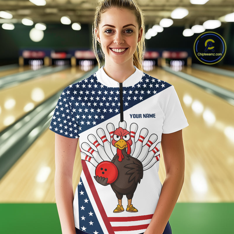 American Flag Funny Turkey Bowling Polo, 1/4 Zip shirt for Women custom patriotic bowling team jersey NQS10272