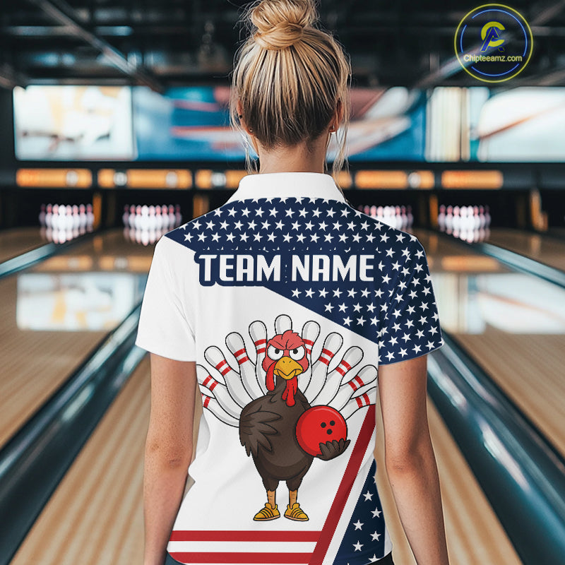 American Flag Funny Turkey Bowling Polo, 1/4 Zip shirt for Women custom patriotic bowling team jersey NQS10272