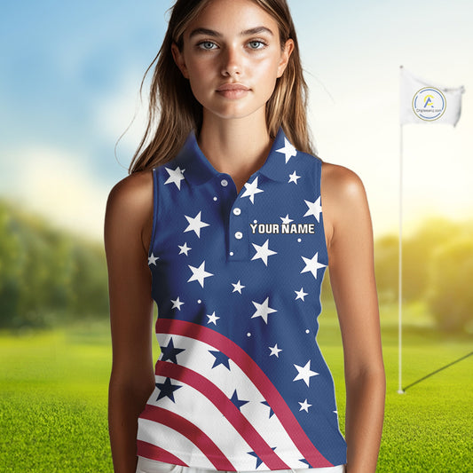 Red, White & Blue stars pattern Women sleeveless polos Custom American Flag patriotic ladies golf top NQS10138