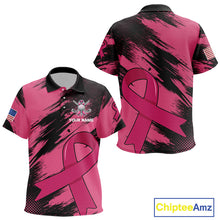 Load image into Gallery viewer, Black and Pink ribbon Kid golf polo shirts Custom breast cancer American flag golf top for Kid NQS10140