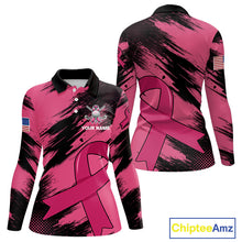 Load image into Gallery viewer, Black and Pink ribbon Women golf polo shirts Custom breast cancer American flag golf top for Women NQS10140