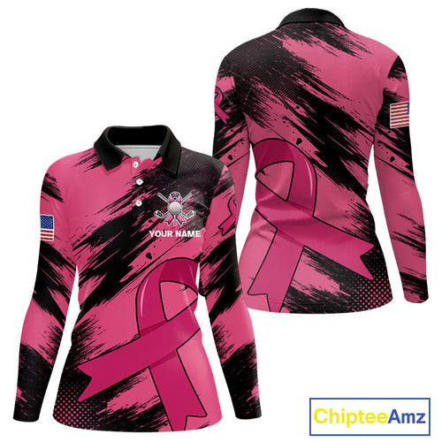 Black and Pink ribbon Women golf polo shirts Custom breast cancer American flag golf top for Women NQS10140