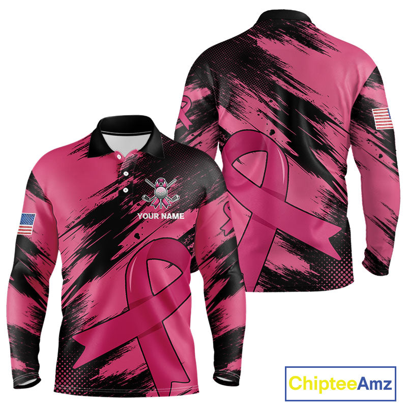 Black and Pink ribbon Men golf polo shirts Custom breast cancer American flag golf top for men NQS10140
