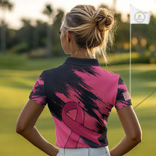 Load image into Gallery viewer, Black and Pink ribbon Women golf polo shirts Custom breast cancer American flag golf top for Women NQS10140