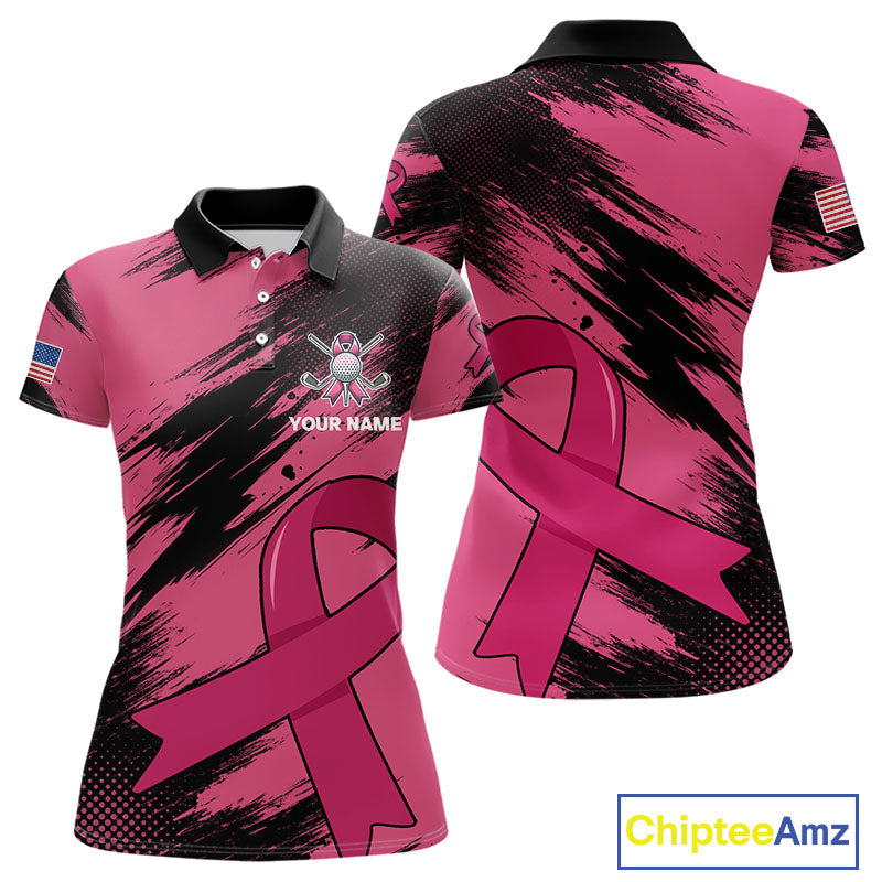 Black and Pink ribbon Women golf polo shirts Custom breast cancer American flag golf top for Women NQS10140