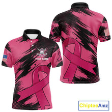 Load image into Gallery viewer, Black and Pink ribbon Men golf polo shirts Custom breast cancer American flag golf top for men NQS10140