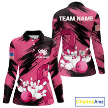 Load image into Gallery viewer, Black and Pink ribbon Bowling shirts for Women Custom breast cancer American flag bowling team jersey NQS10141