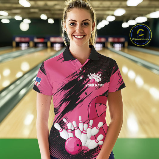 Black and Pink ribbon Bowling shirts for Women Custom breast cancer American flag bowling team jersey NQS10141
