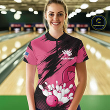 Load image into Gallery viewer, Black and Pink ribbon Bowling shirts for Women Custom breast cancer American flag bowling team jersey NQS10141
