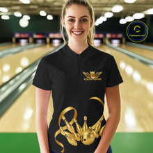 Load image into Gallery viewer, Black and Gold Ribbon Bowling Polo, 1/4 Zip Shirts For Women Custom Breast Cancer Bowling Team Shirt NQS10465