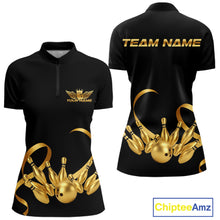 Load image into Gallery viewer, Black and Gold Ribbon Bowling Polo, 1/4 Zip Shirts For Women Custom Breast Cancer Bowling Team Shirt NQS10465