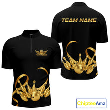 Load image into Gallery viewer, Black and Gold Ribbon Bowling Polo, 1/4 Zip Shirts For Men Custom Breast Cancer Bowling Team Shirt NQS10465