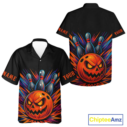 Funny Orange and Black Pumpkin Halloween Bowling Hawaiian Shirt, Bowling Team Button Up Shirt NQS10470