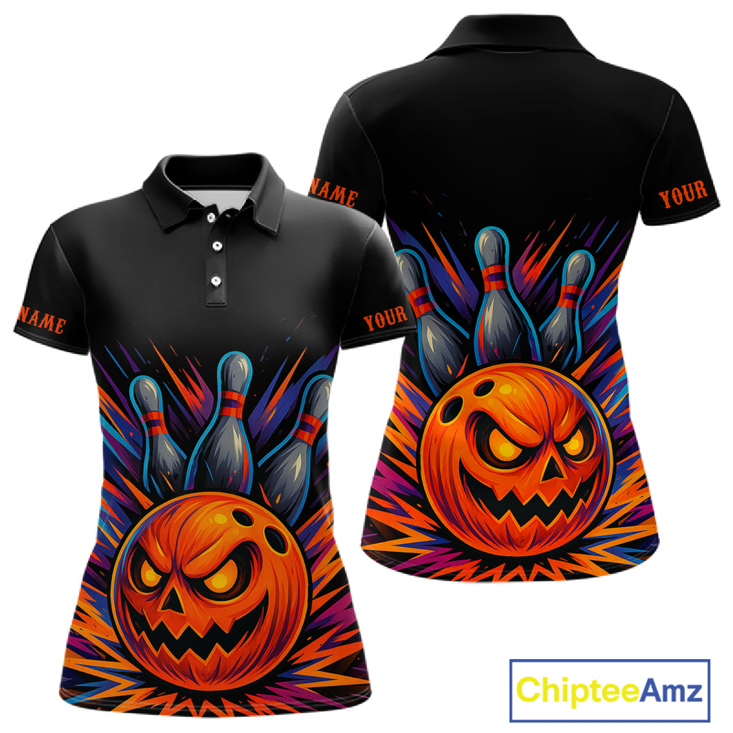 Funny Orange and Black Pumpkin Halloween Bowling Polo, 1/4 Zip Shirts For Women, Bowling Team Jersey NQS10470