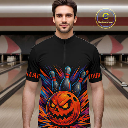 Funny Orange and Black Pumpkin Halloween Bowling Polo, 1/4 Zip Shirts For Men, Bowling Team Jersey NQS10470