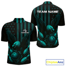 Load image into Gallery viewer, Black and Cyan Blue American Flag Eagle Bowling Shirt For Mens Custom Patriotic Team bowling jerseys NQS10478