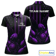 Load image into Gallery viewer, Black and Purple American Flag Eagle Bowling Shirt For Women Custom Patriotic Team bowling jerseys NQS10479