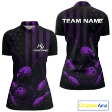 Load image into Gallery viewer, Black and Purple American Flag Eagle Bowling Shirt For Women Custom Patriotic Team bowling jerseys NQS10479
