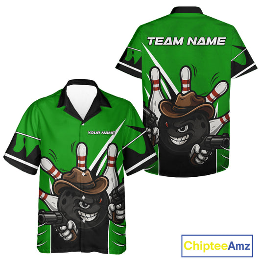 Funny Cowboy gun bowling ball and pins Bowling Hawaiian Shirt Custom bowling team jersey | Green NQS10691