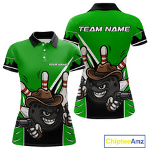 Load image into Gallery viewer, Funny Cowboy gun bowling ball and pins Bowling shirt for Women Custom bowling team jersey | Green NQS10691