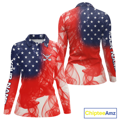 Custom Smoke American Flag Patriotic Golf Polo Shirt For Women, Personalized Ladies Golf top NQS10497