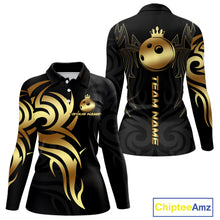 Load image into Gallery viewer, Black and Gold crown Bowling ball Polo, Quarter Zip Shirts for Women Custom Bowling Team jerseys NQS10499