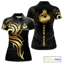 Load image into Gallery viewer, Black and Gold crown Bowling ball Polo, Quarter Zip Shirts for Women Custom Bowling Team jerseys NQS10499