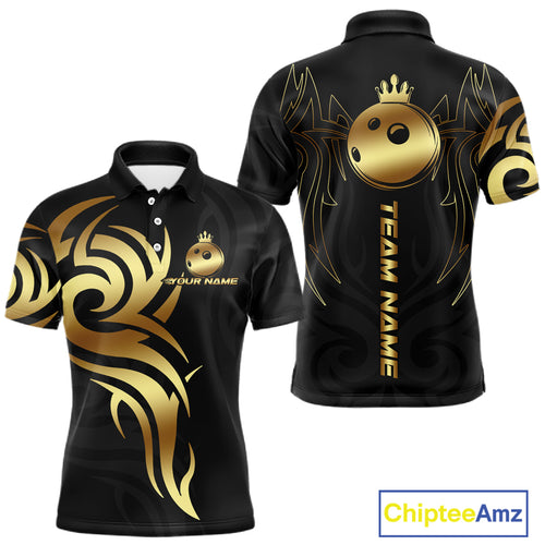 Black and Gold crown Bowling ball Polo, Quarter Zip Shirts for Men Custom Bowling Team jerseys NQS10499