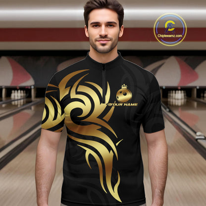 Black and Gold crown Bowling ball Polo, Quarter Zip Shirts for Men Custom Bowling Team jerseys NQS10499