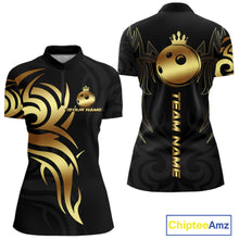 Load image into Gallery viewer, Black and Gold crown Bowling ball Polo, Quarter Zip Shirts for Women Custom Bowling Team jerseys NQS10499