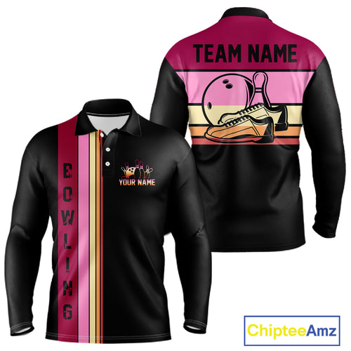 Black and Pink Retro Bowling Polo, Quarter Zip Shirts for Men Custom Team Bowling League Jerseys NQS10503