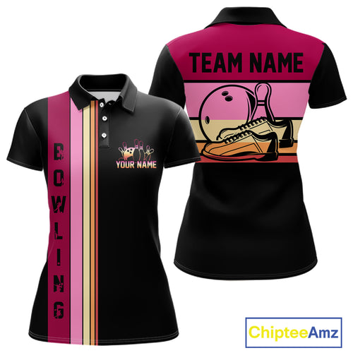 Black and Pink Retro Bowling Polo, Quarter Zip Shirts for Women Custom Team Bowling League Jerseys NQS10503